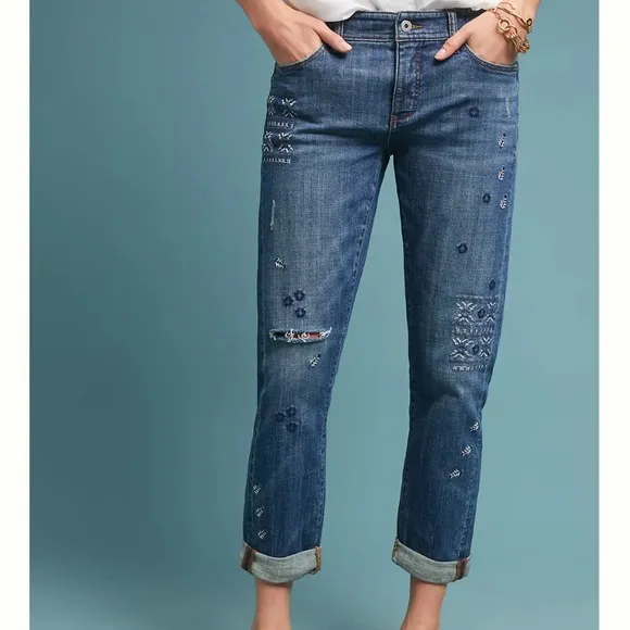 Anthropologie Pilcro Embroidered Mid-rise Slim Boyfriend Jeans