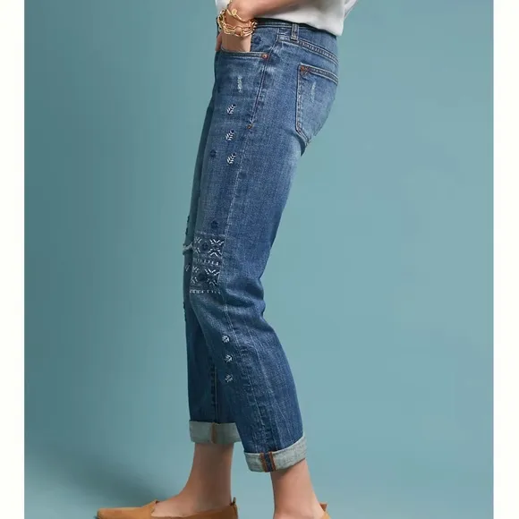 Anthropologie Pilcro Embroidered Mid-rise Slim Boyfriend Jeans
