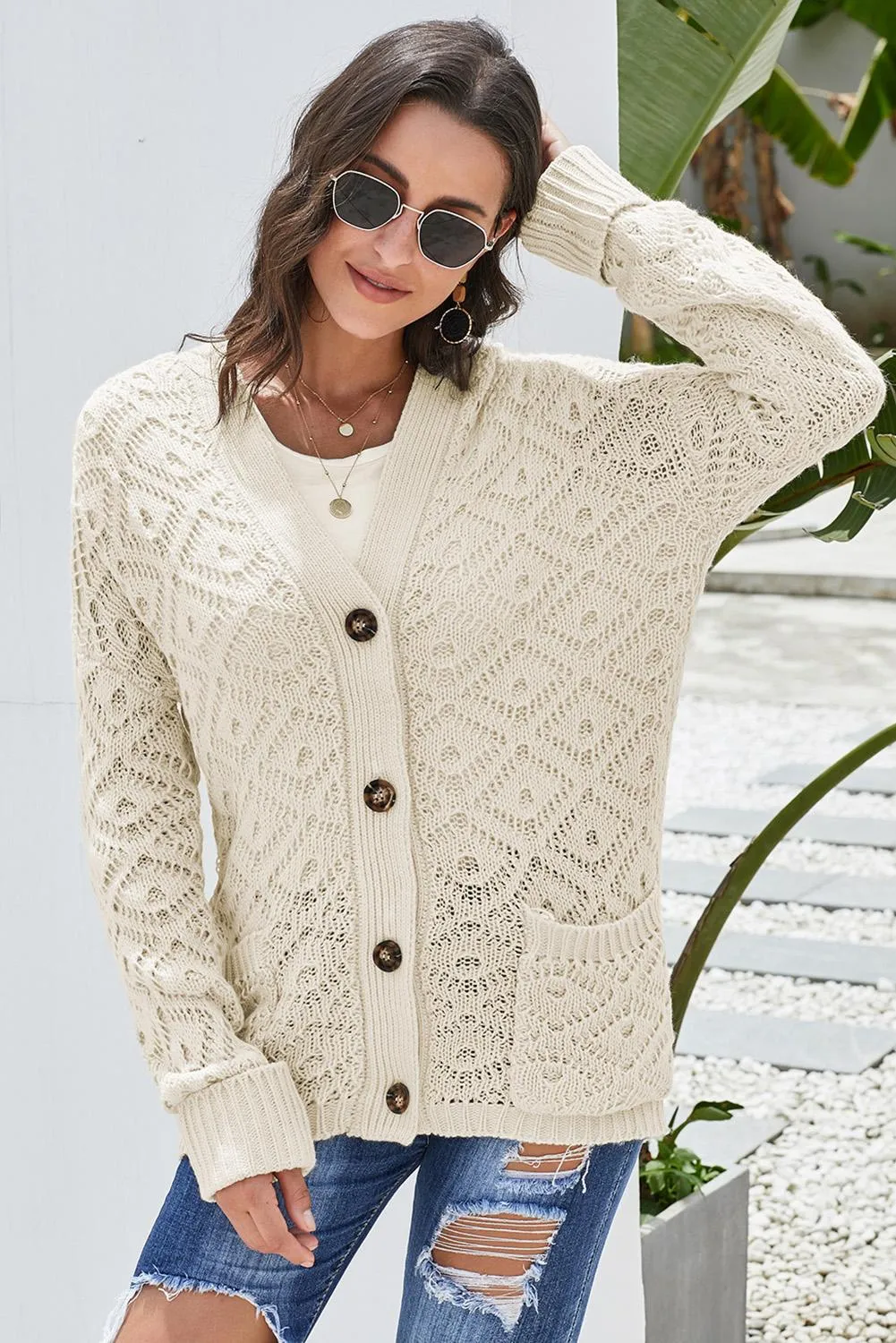 Beige Knit Hooded Cardigan