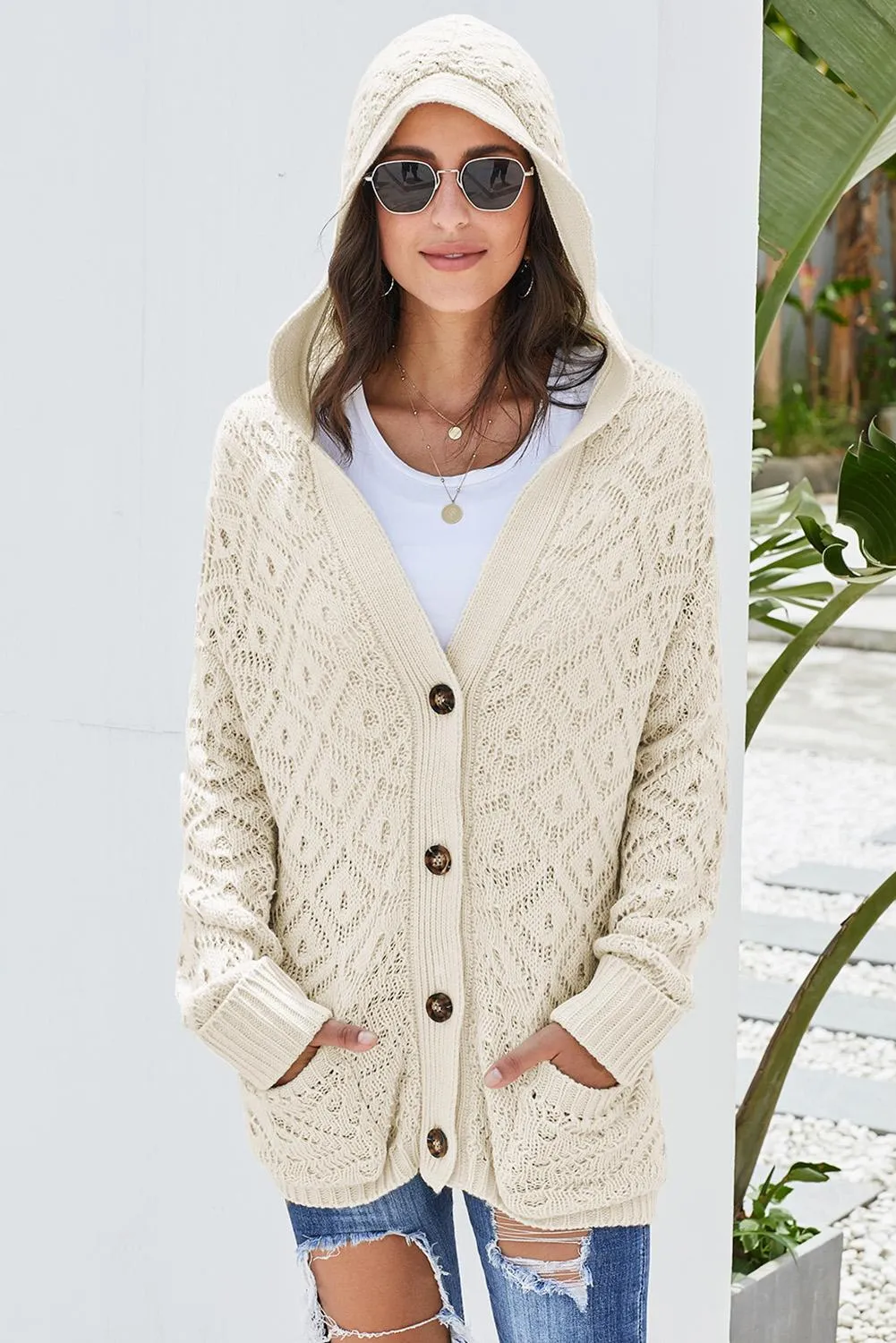 Beige Knit Hooded Cardigan