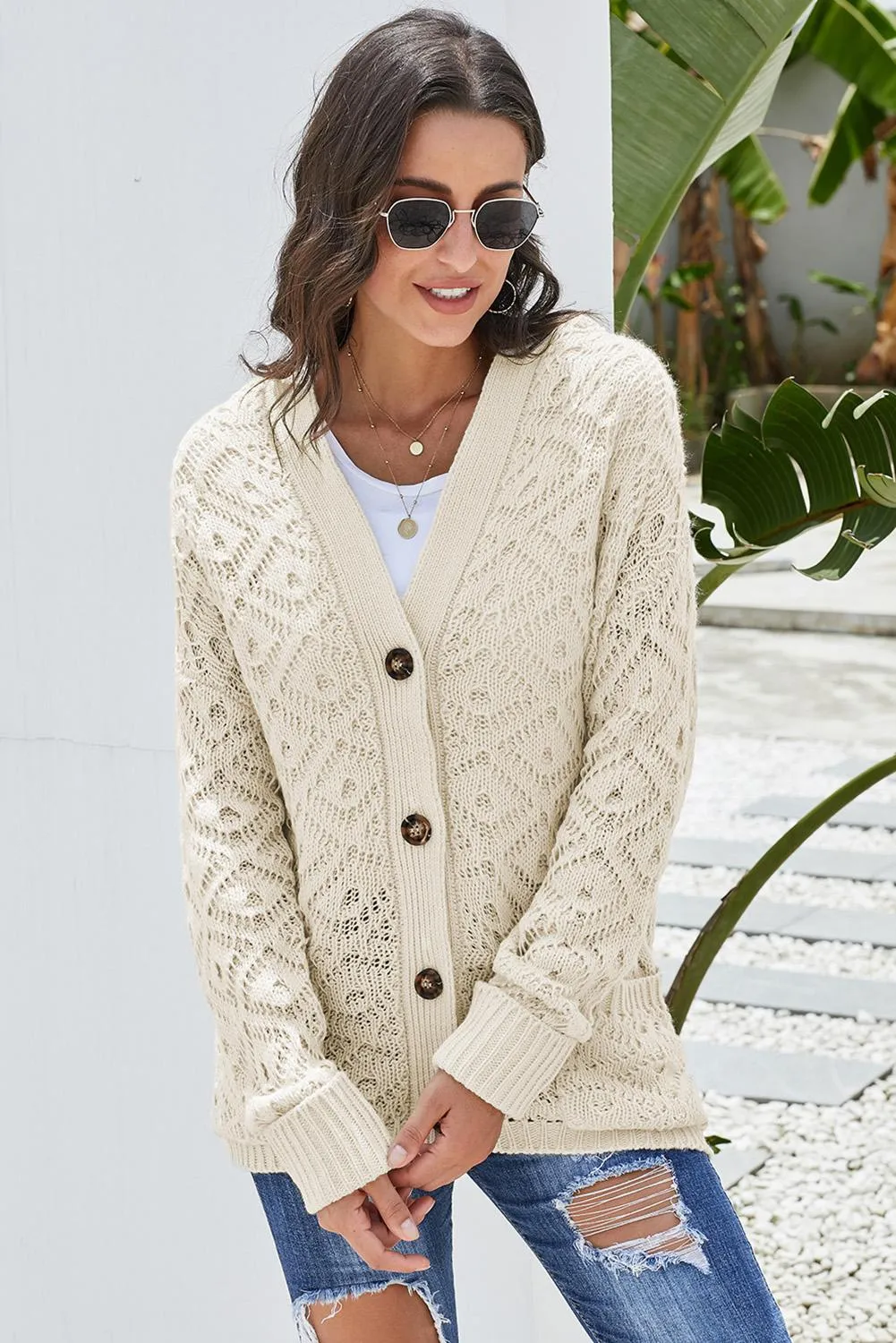 Beige Knit Hooded Cardigan