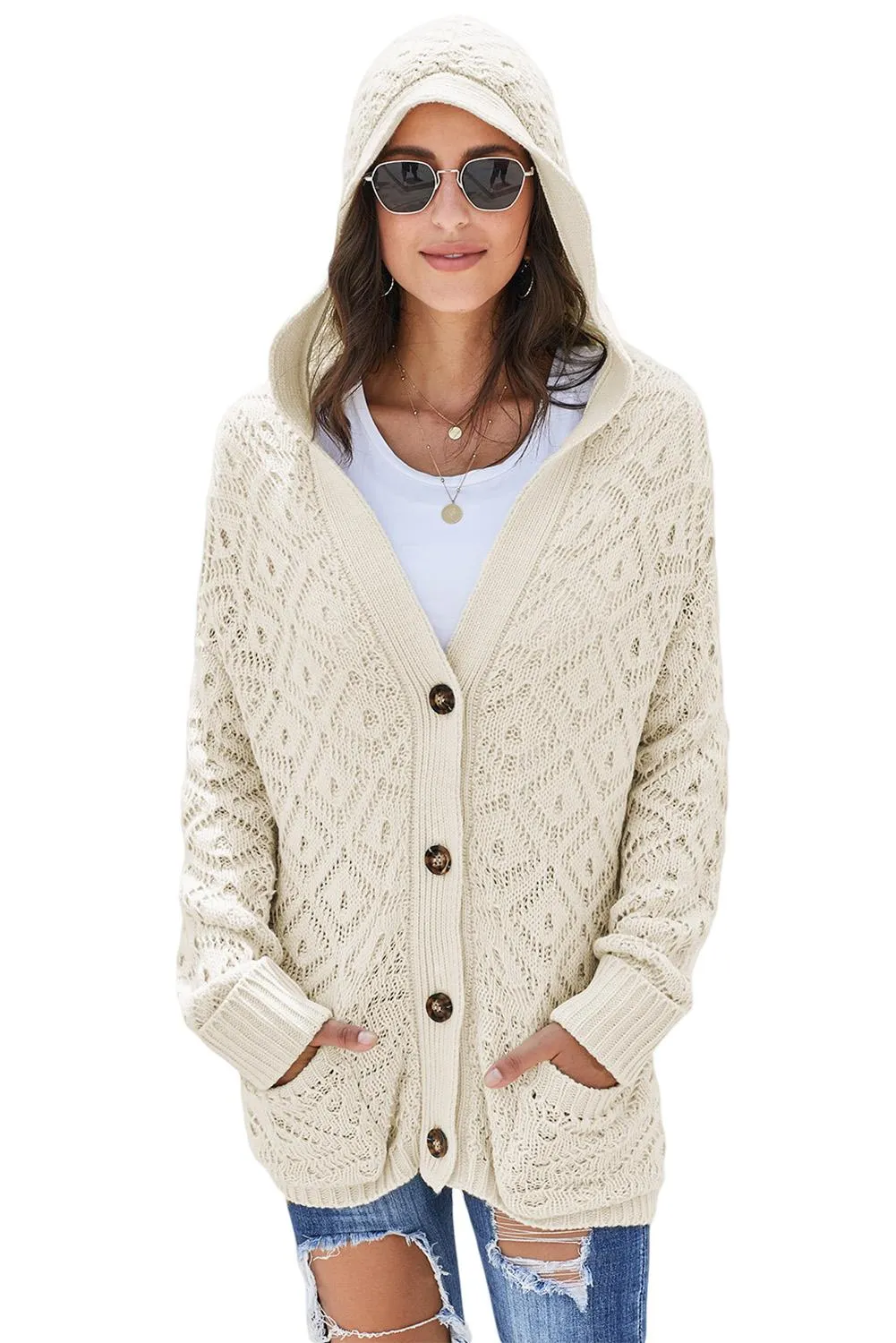 Beige Knit Hooded Cardigan
