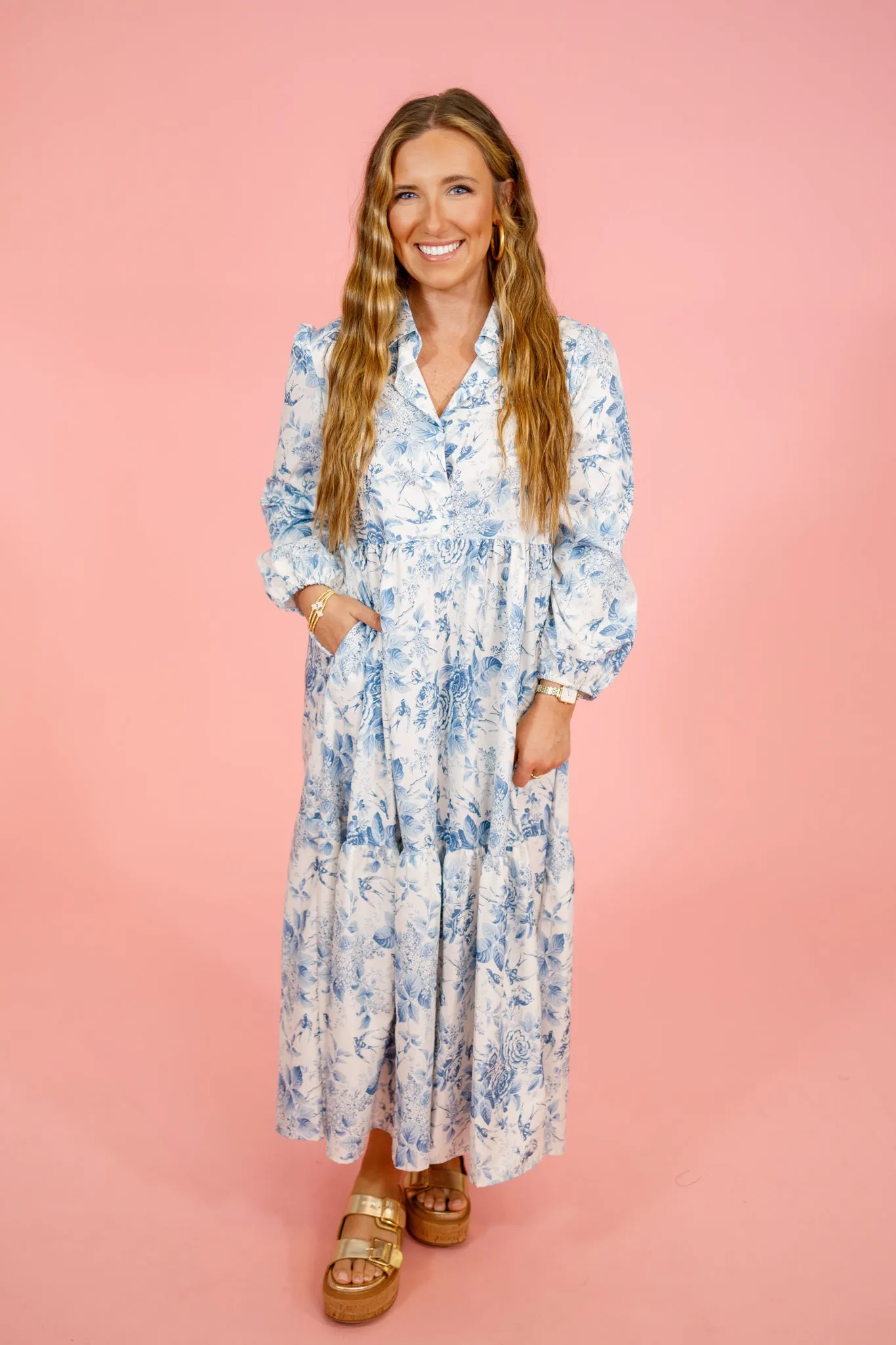 Blue Floral Collar Midi Dress