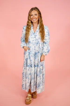 Blue Floral Collar Midi Dress