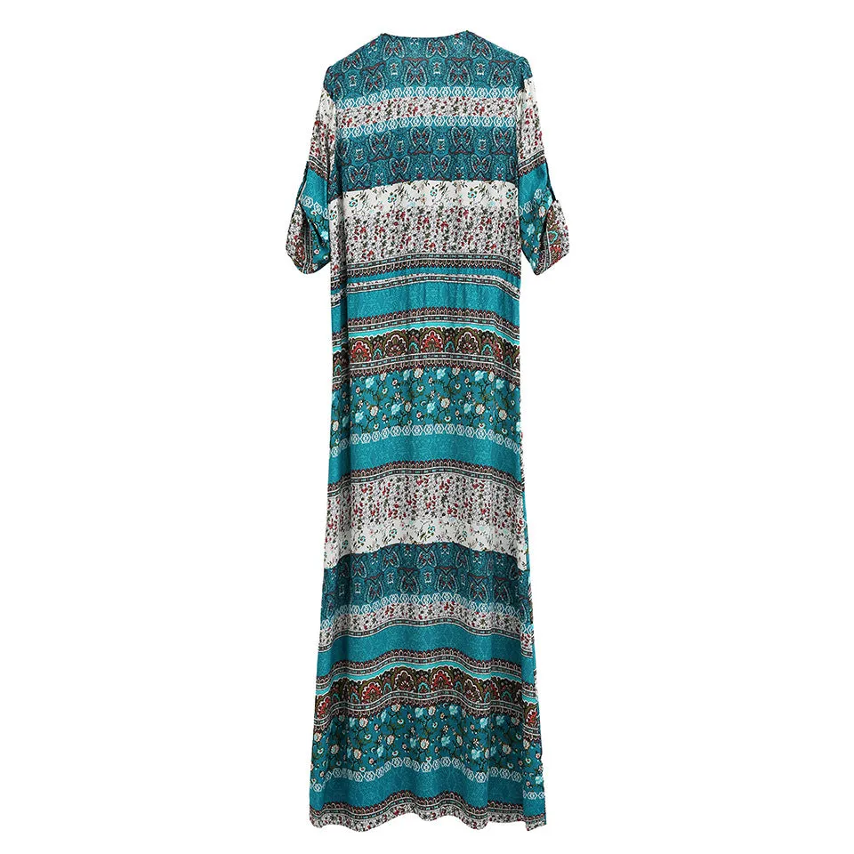 Bohemian Print Dress Beach Skirt V-neck 1/2 Sleeves Plus Size Boho Floral Dresses