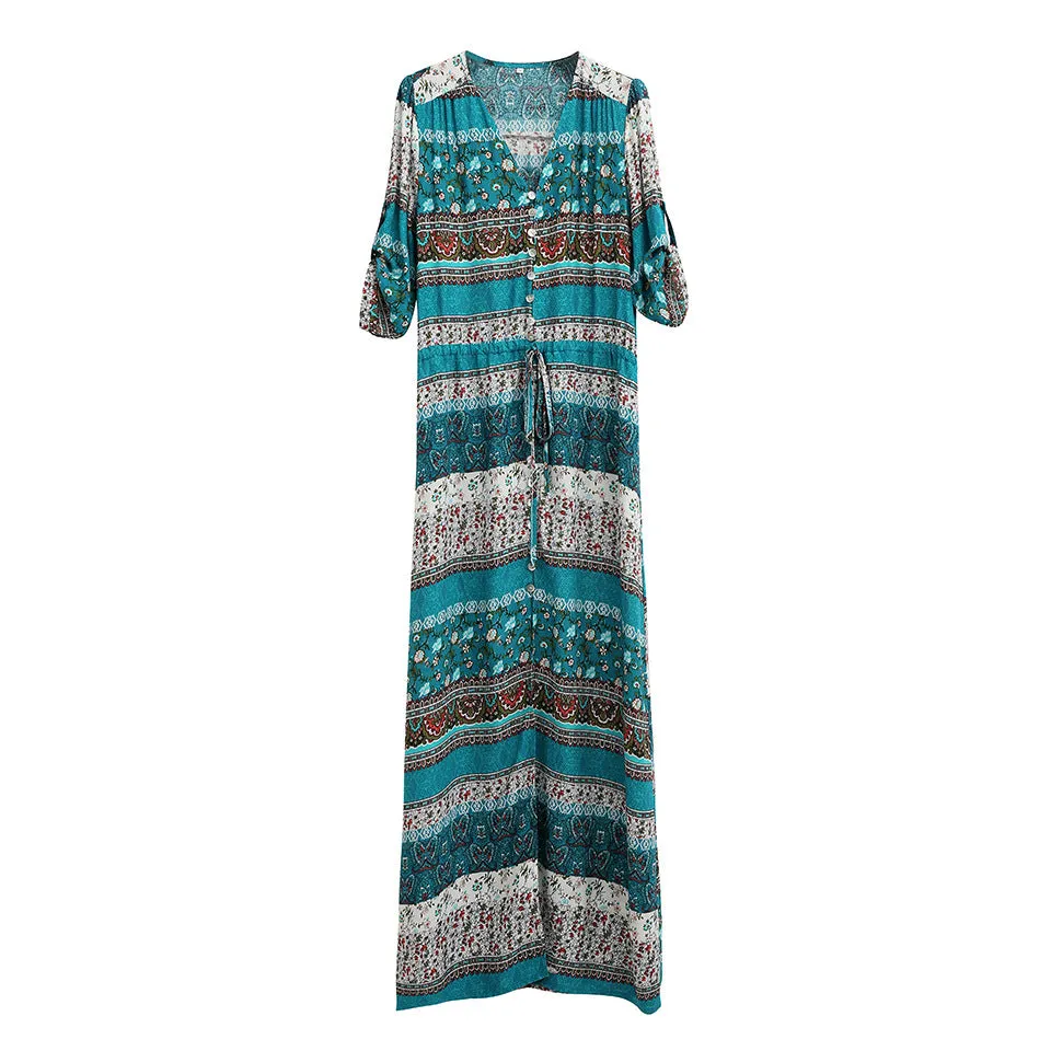 Bohemian Print Dress Beach Skirt V-neck 1/2 Sleeves Plus Size Boho Floral Dresses