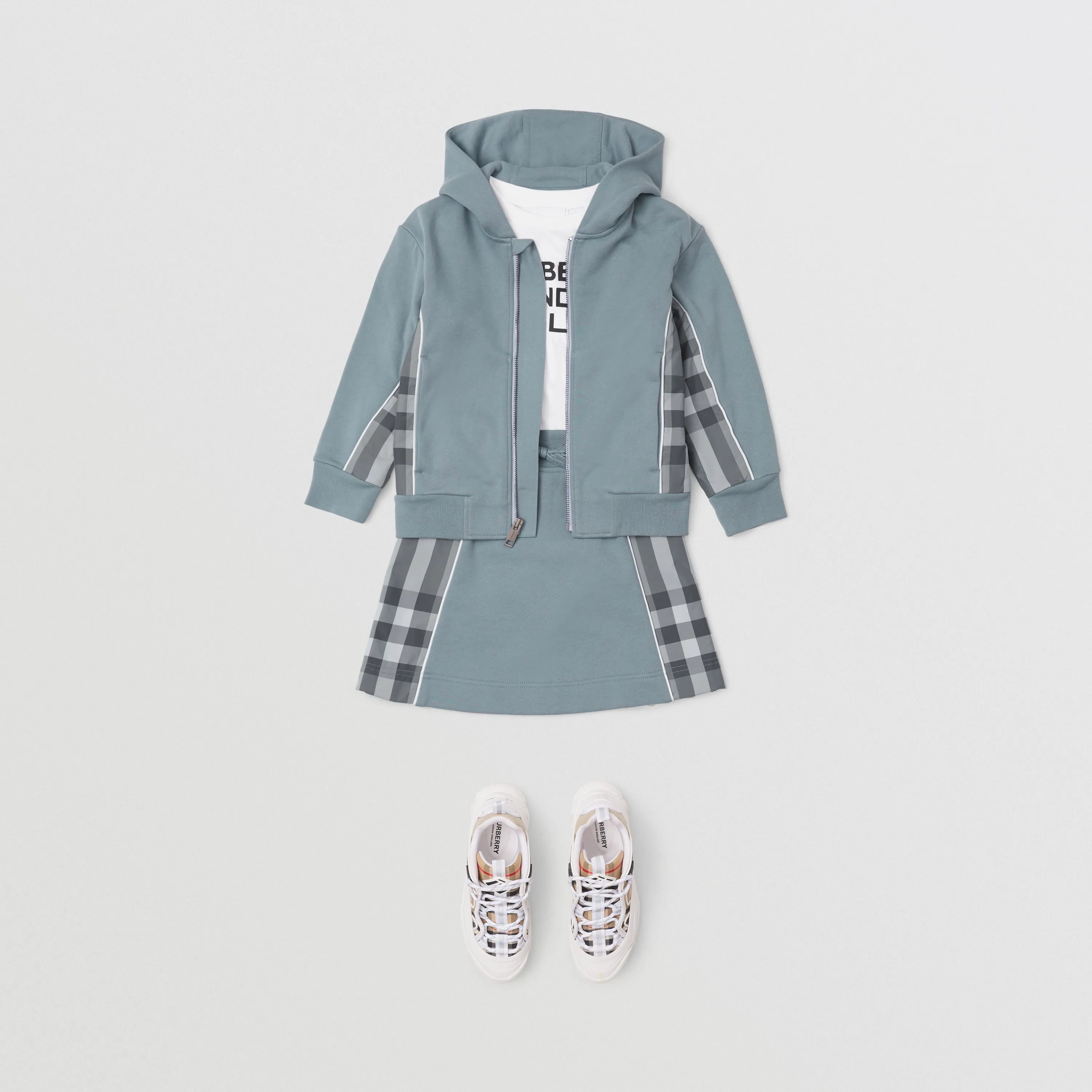 Burberry Blue Check Panel Cotton Hooded Top