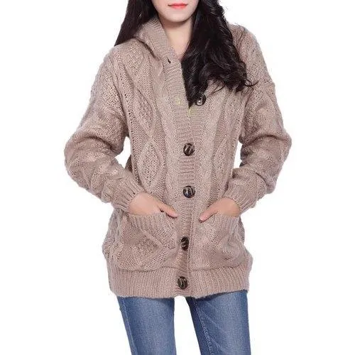 Cable Knit Hooded Cardigan - Khaki One Size