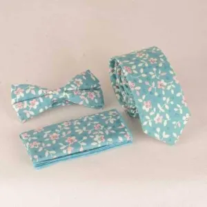 Casual Flowers Leaves Pattern Tie Pocket Square Bow Tie - Light Blue
