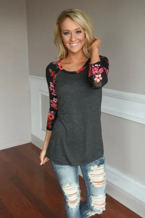 Charcoal Floral - Red
