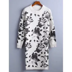 Chinese Painting Pattern Sweater Dress - White One Size