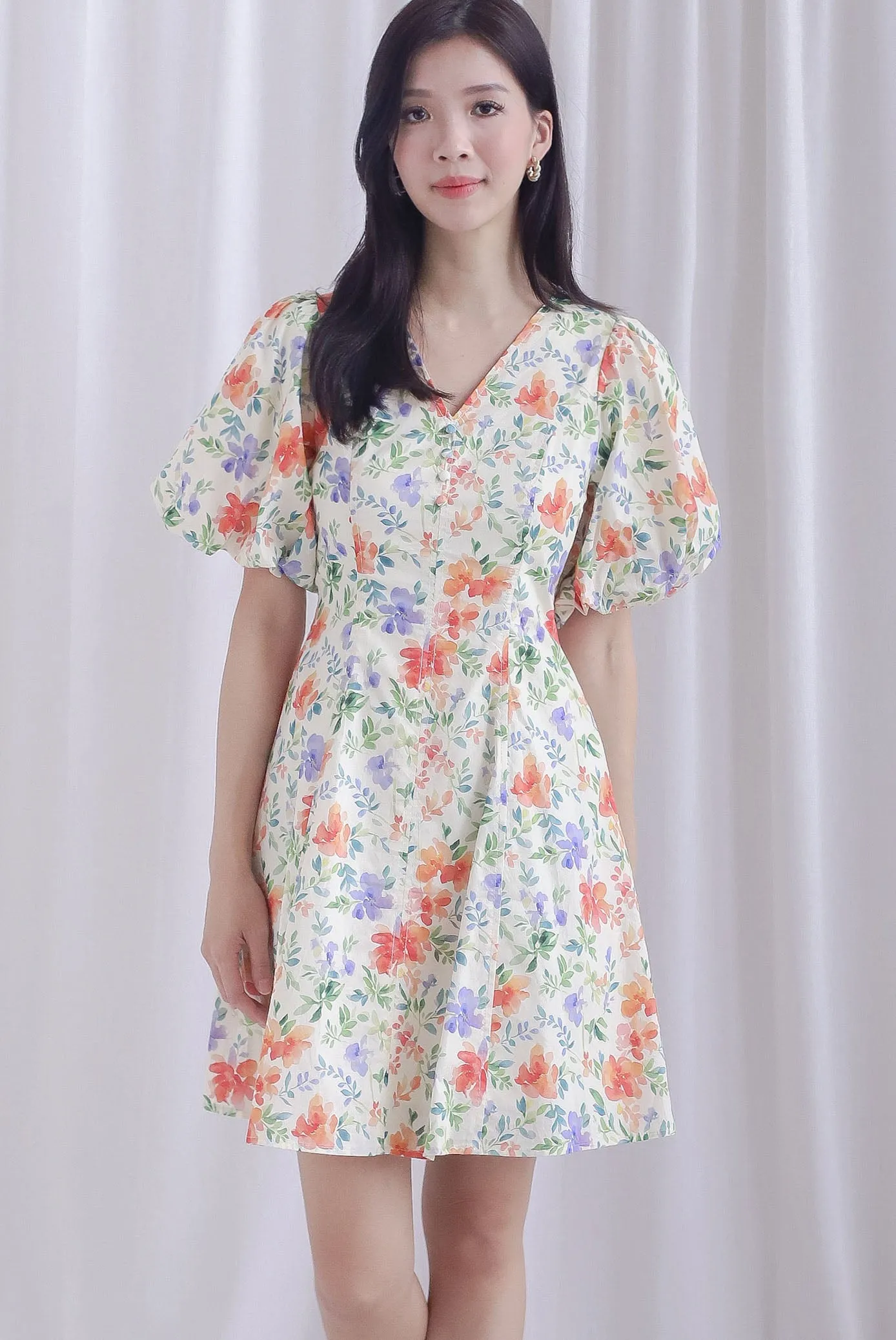 Corby Floral Puffy Sleeves Seam Button Dress In Cream
