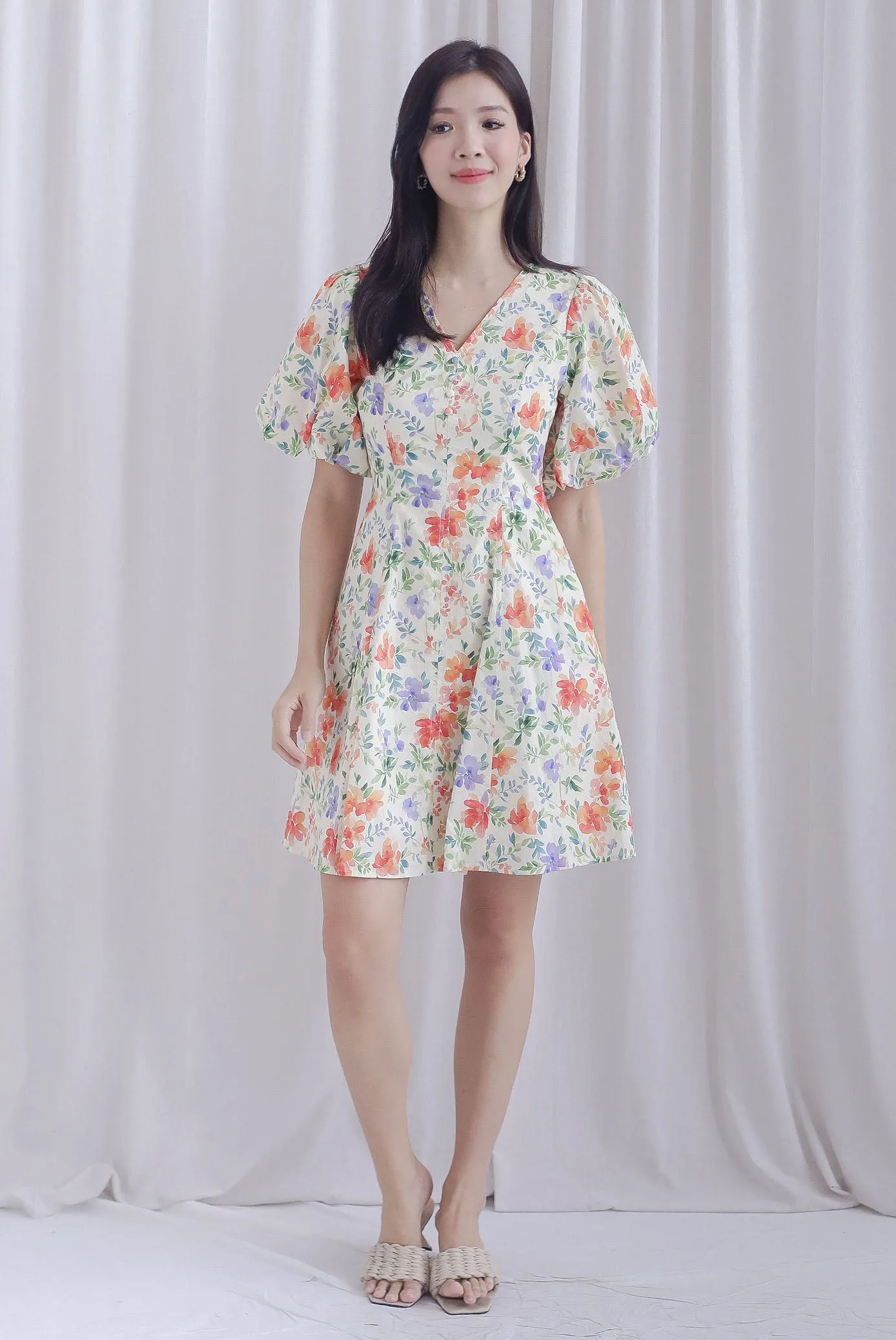 Corby Floral Puffy Sleeves Seam Button Dress In Cream