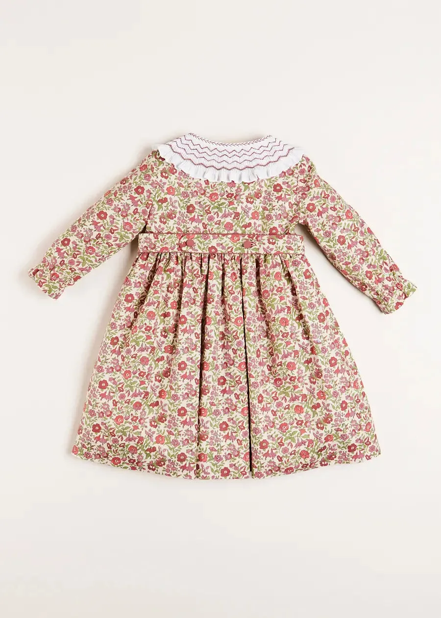 Daphne Floral Hand Smocked Double Breasted Dress in Pink (18mths-10yrs)