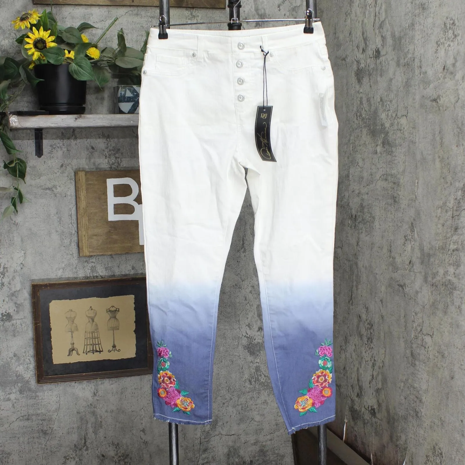 DG2 by Diane Gilman Embroidered Pull-On Exposed Button Jean Ombre Chambray M