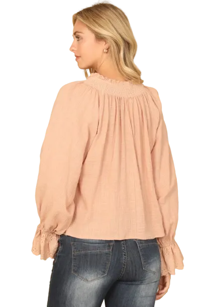Dusty Peach Key Hole Tie Ruffle Neck Long Flounce Sleeve Hanging Top - Pack of 5