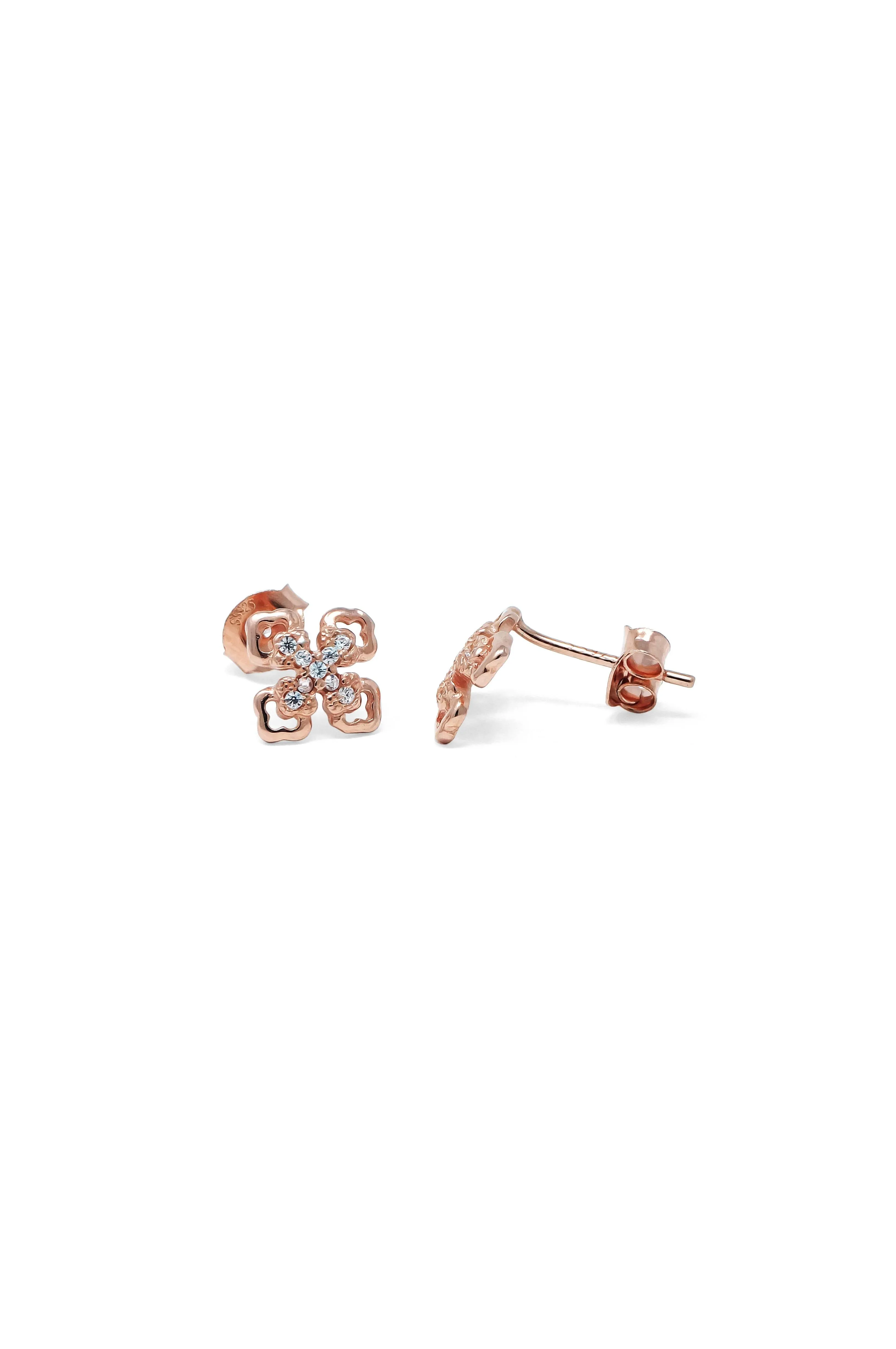 Eclectic Charming Floral Rose Gold Plated Sterling Silver Stud Earrings