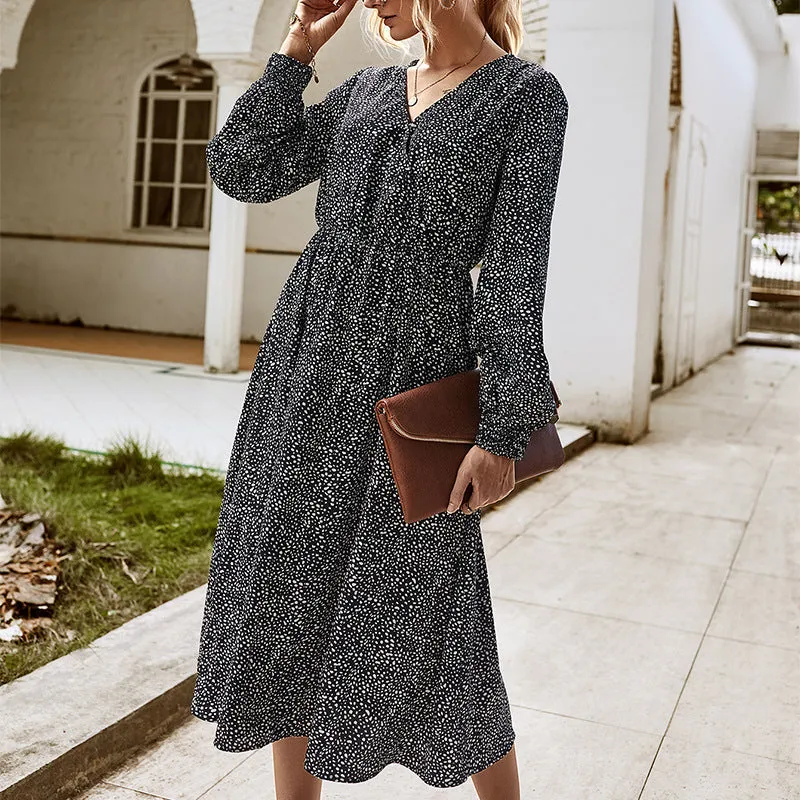 Elegant Retro V-neck Polka dot Floral Maxi Midi Dresses