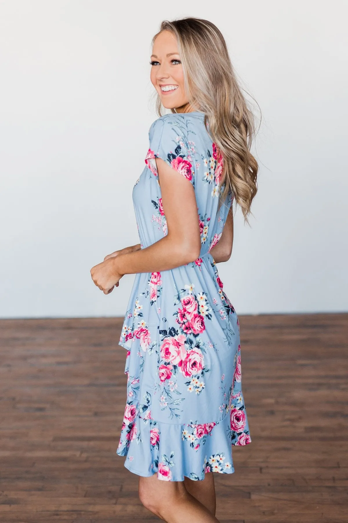 Enchanted Gardens Floral & Ruffle Dress- Baby Blue