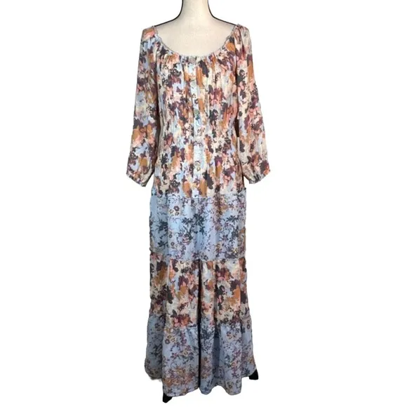 Figueroa &amp; Flower Blue Orange Floral Scoop Neck 3/4 Sleeve Maxi Dress PXL
