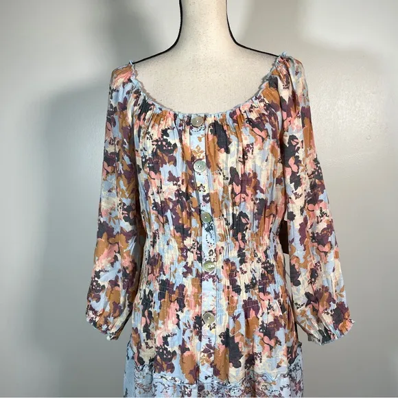 Figueroa &amp; Flower Blue Orange Floral Scoop Neck 3/4 Sleeve Maxi Dress PXL