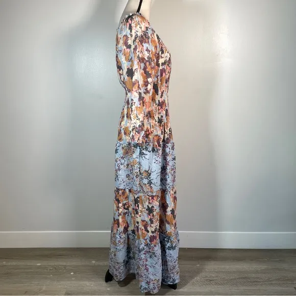 Figueroa &amp; Flower Blue Orange Floral Scoop Neck 3/4 Sleeve Maxi Dress PXL