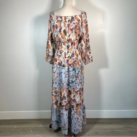 Figueroa &amp; Flower Blue Orange Floral Scoop Neck 3/4 Sleeve Maxi Dress PXL