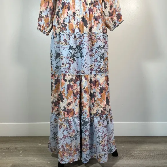 Figueroa &amp; Flower Blue Orange Floral Scoop Neck 3/4 Sleeve Maxi Dress PXL