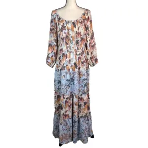 Figueroa &amp; Flower Blue Orange Floral Scoop Neck 3/4 Sleeve Maxi Dress PXL