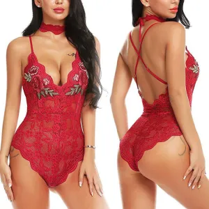 Floral Pattern Deep V-Neck Lace Teddy