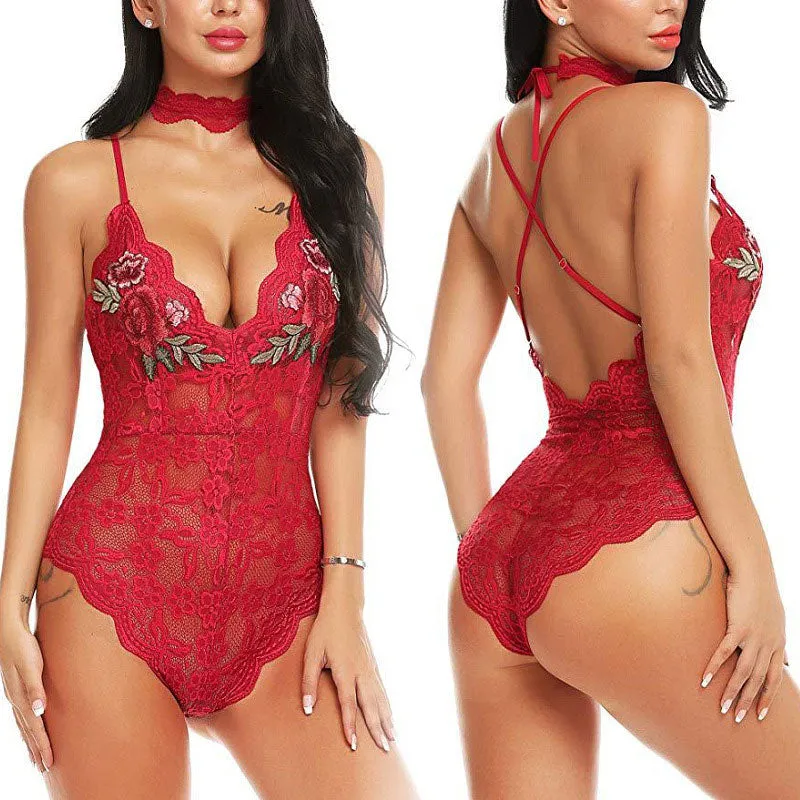 Floral Pattern Deep V-Neck Lace Teddy