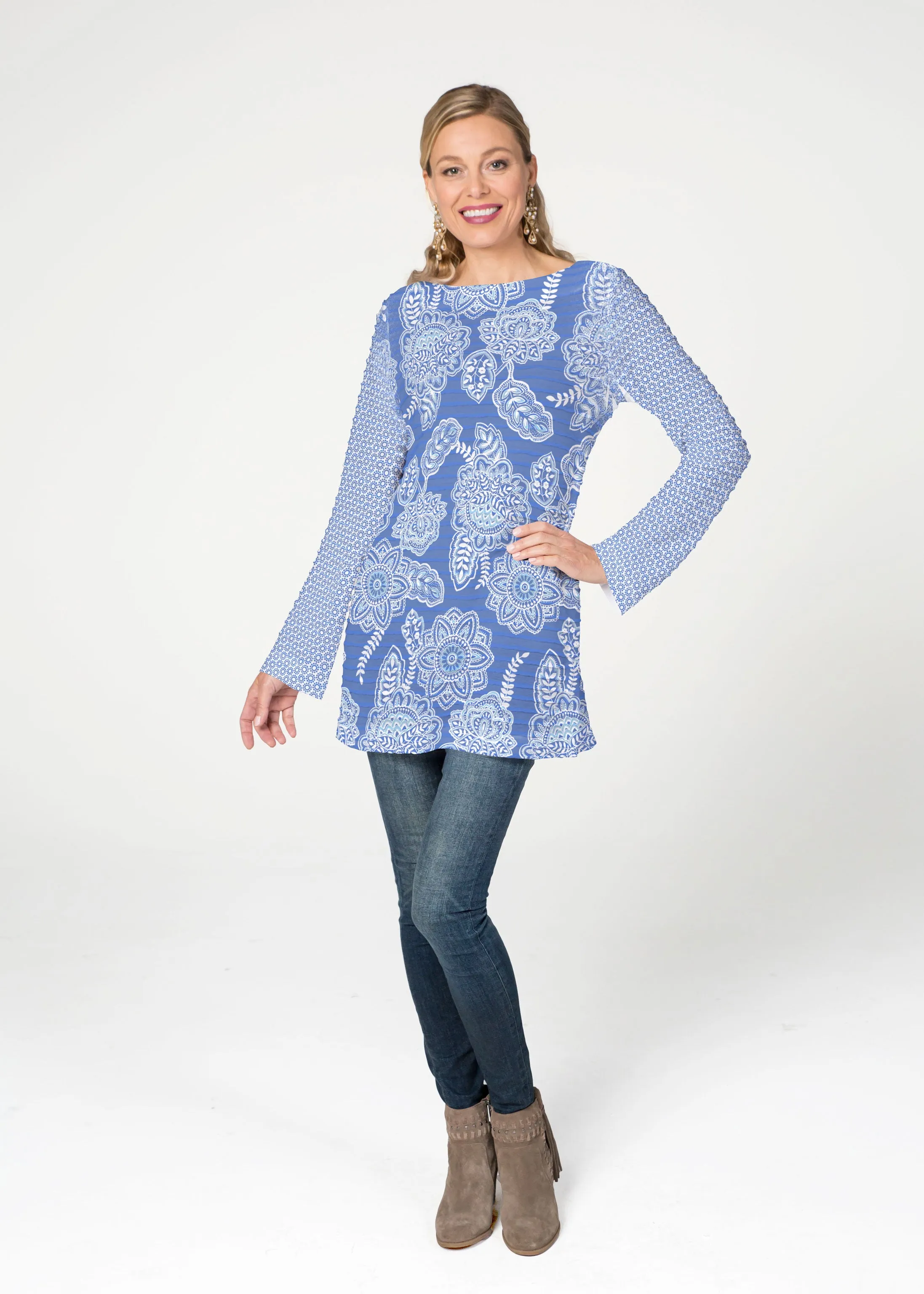 Floral Sunshine (13533) ~ Banded Boatneck Tunic