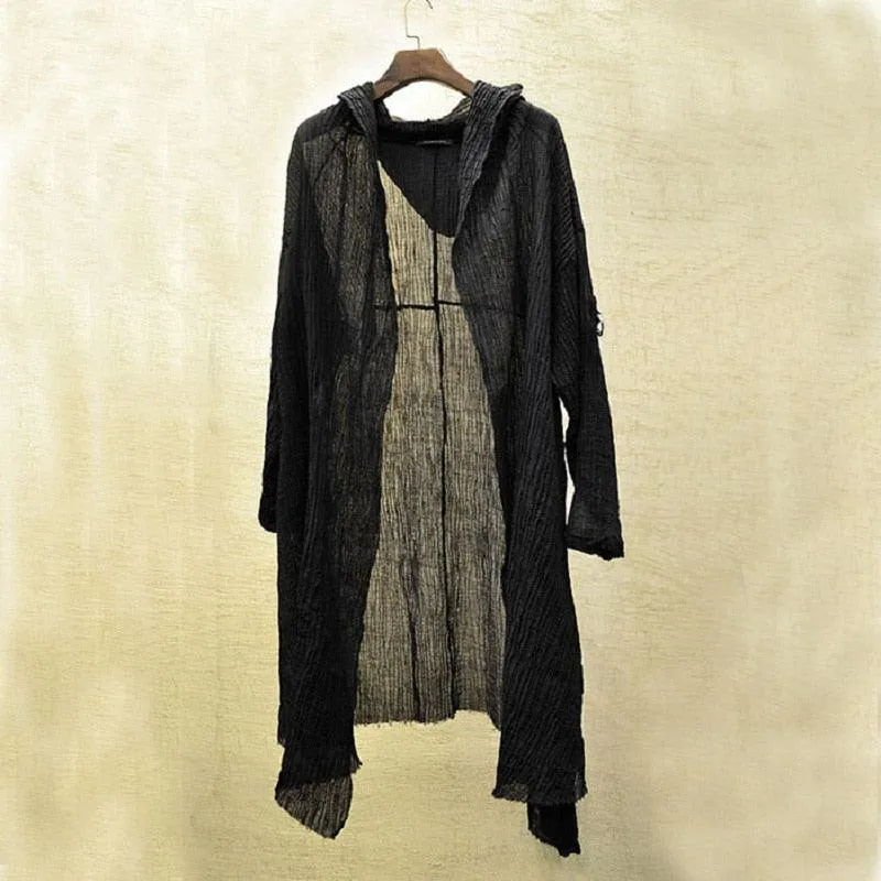 Gothic Translucent Linen Cloak with Long Thin Trench Dustcoat Design