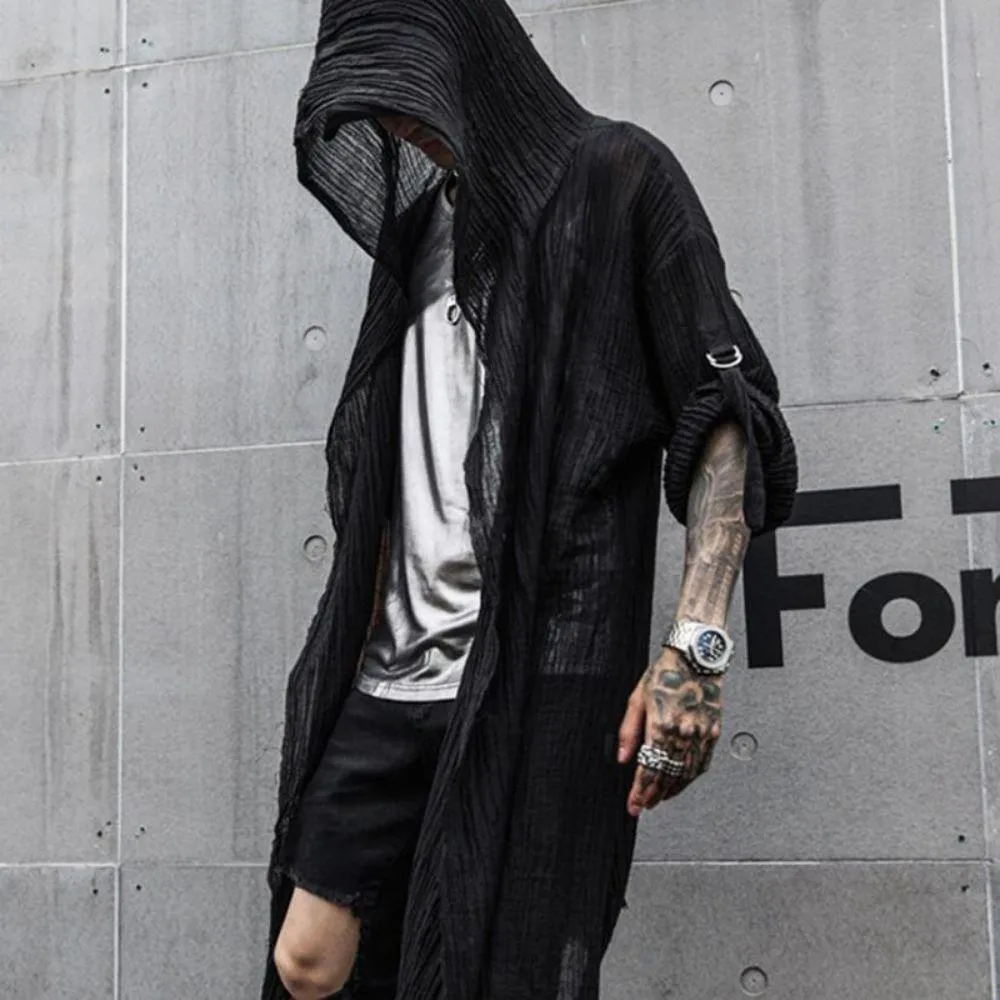 Gothic Translucent Linen Cloak with Long Thin Trench Dustcoat Design