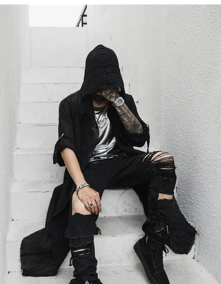 Gothic Translucent Linen Cloak with Long Thin Trench Dustcoat Design