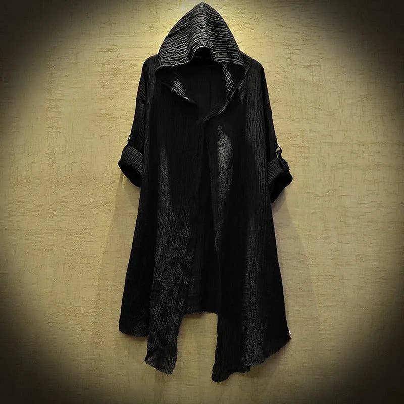 Gothic Translucent Linen Cloak with Long Thin Trench Dustcoat Design