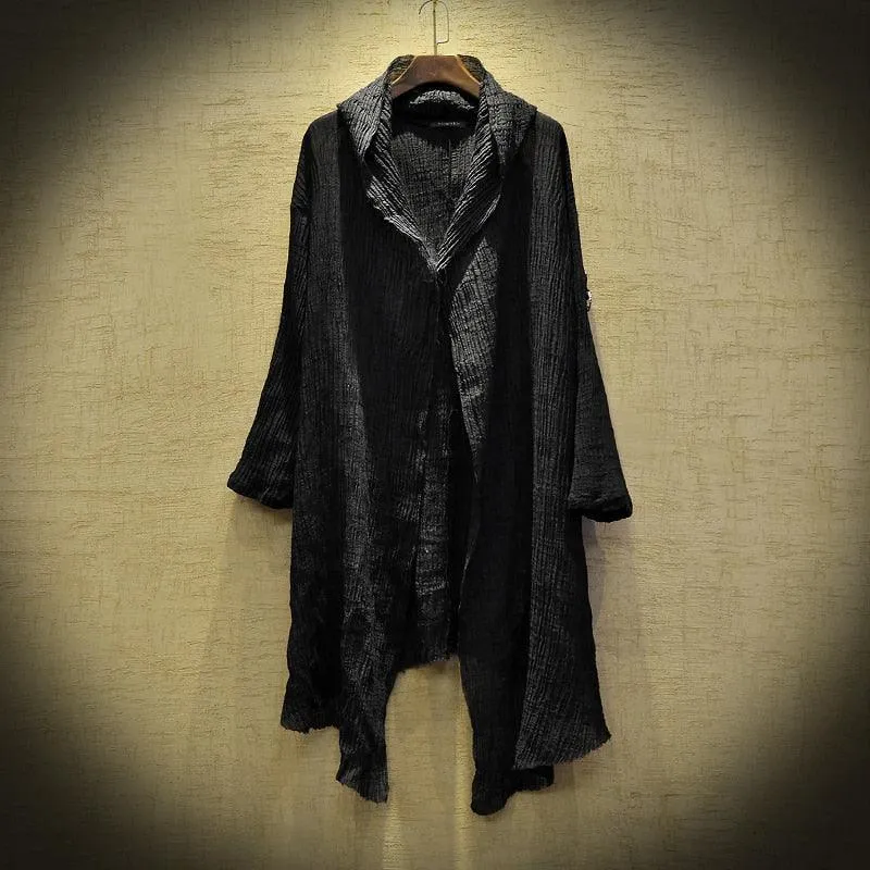 Gothic Translucent Linen Cloak with Long Thin Trench Dustcoat Design