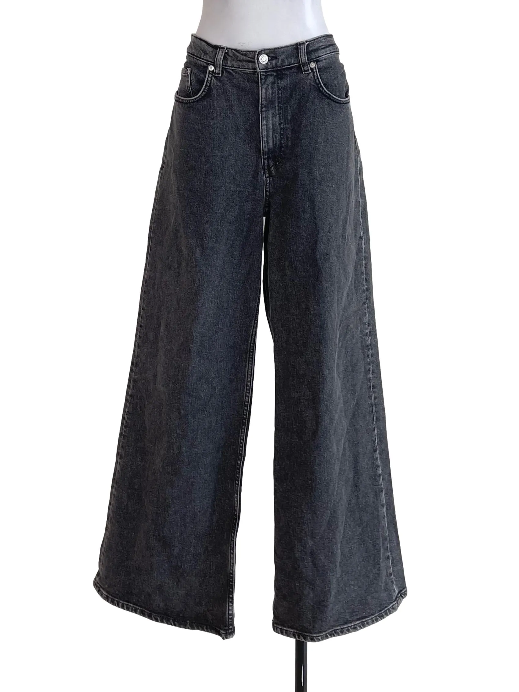 Grey Washed Denim Wide Straight Jeans