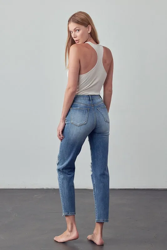 High Rise Distressed Girlfriend Jeans
