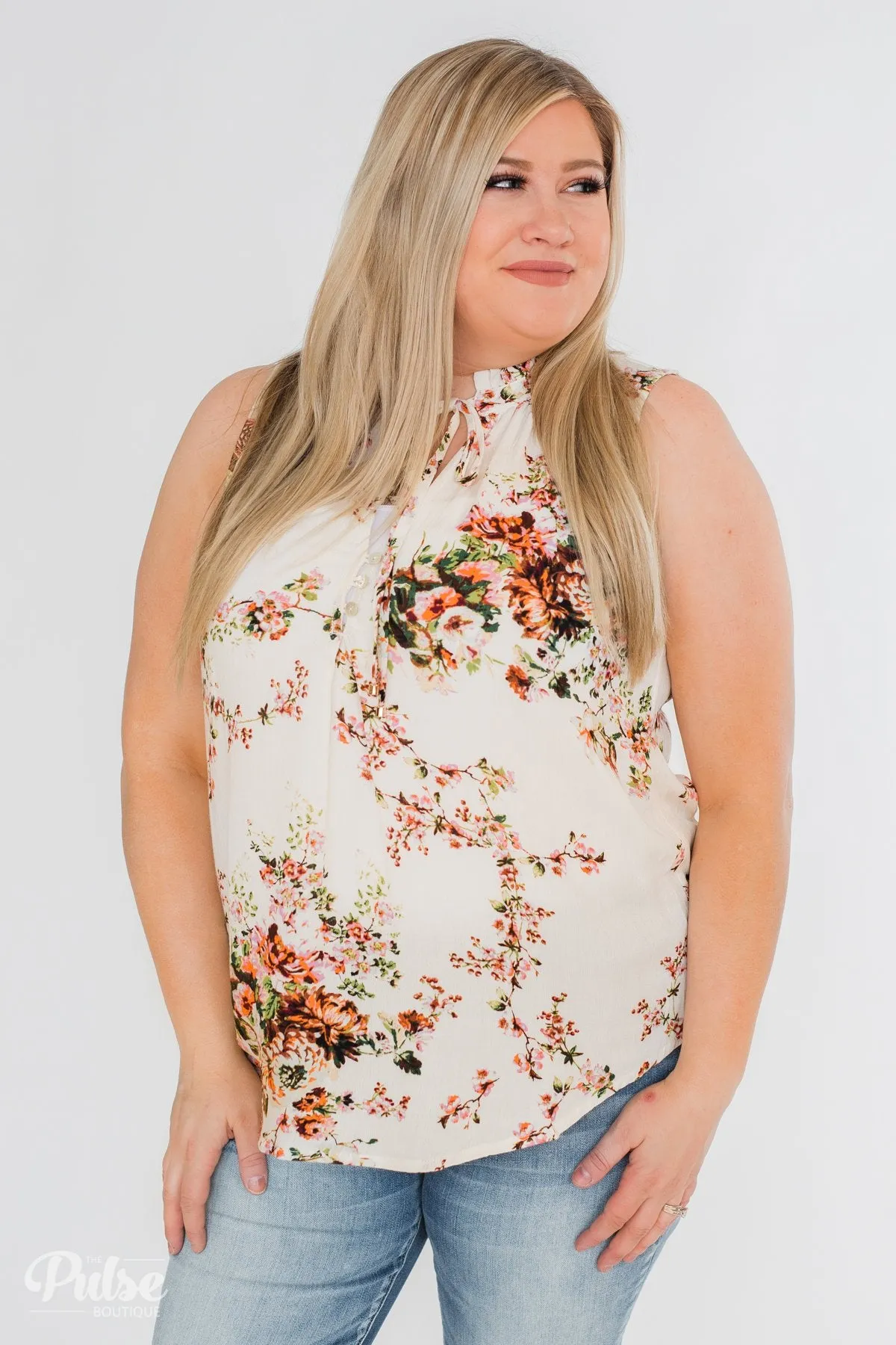 I'll Be There Floral Neck Tie Tank Top- Ivory