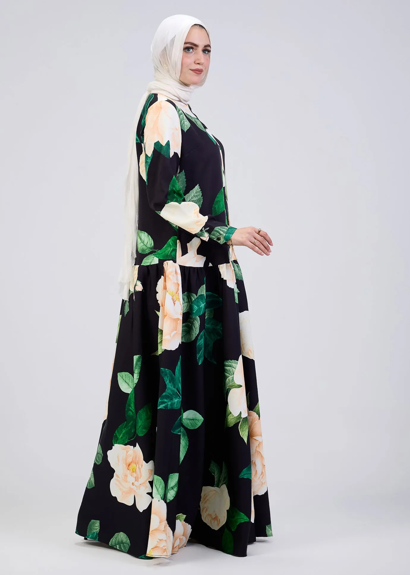 Israa Floral Print Button-Front Maxi Dress in Black