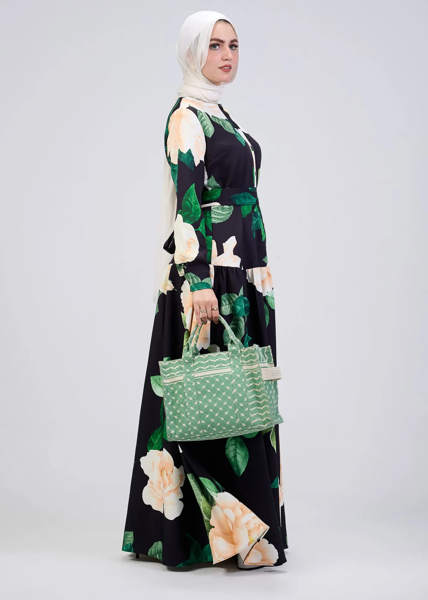Israa Floral Print Button-Front Maxi Dress in Black
