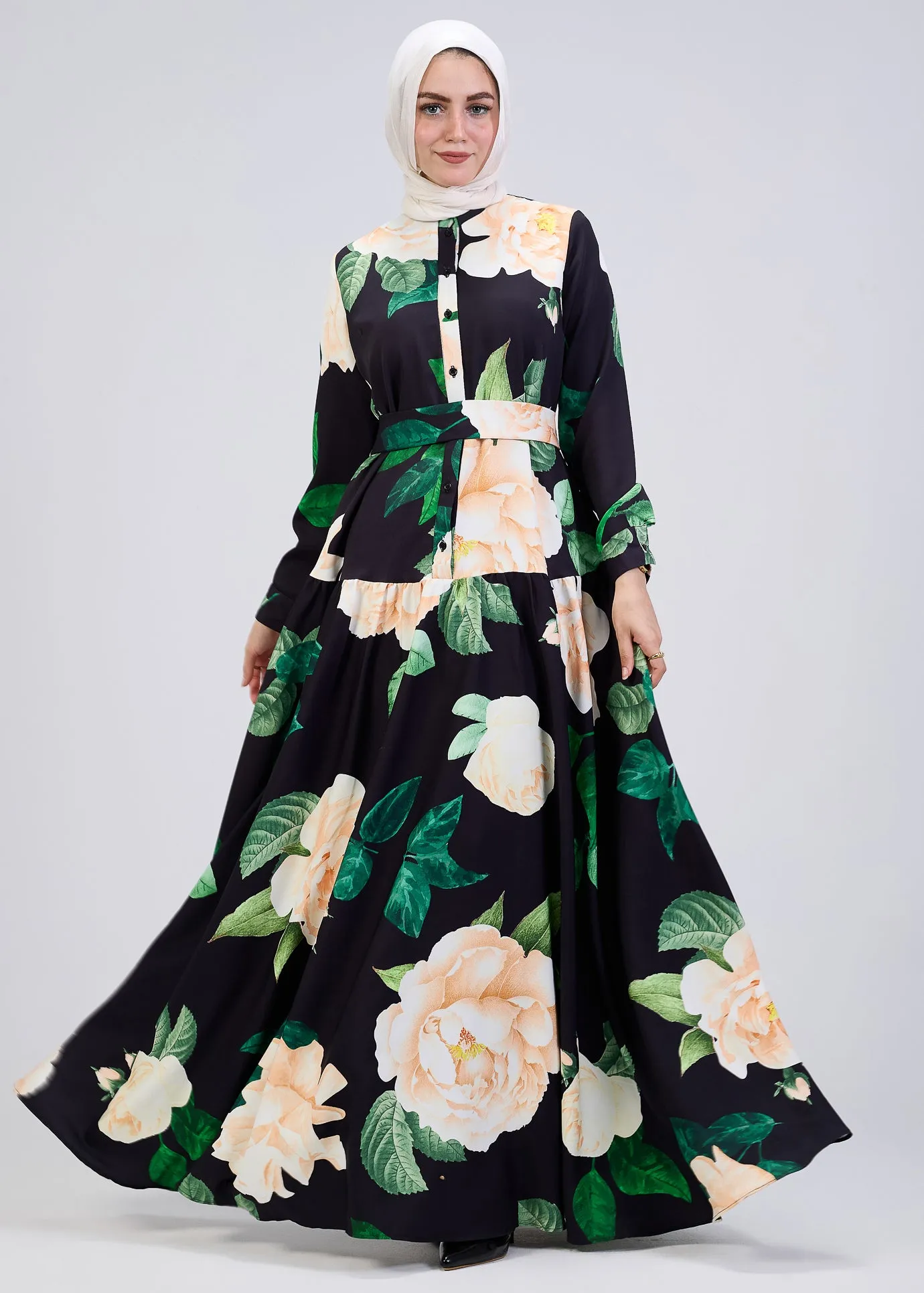 Israa Floral Print Button-Front Maxi Dress in Black