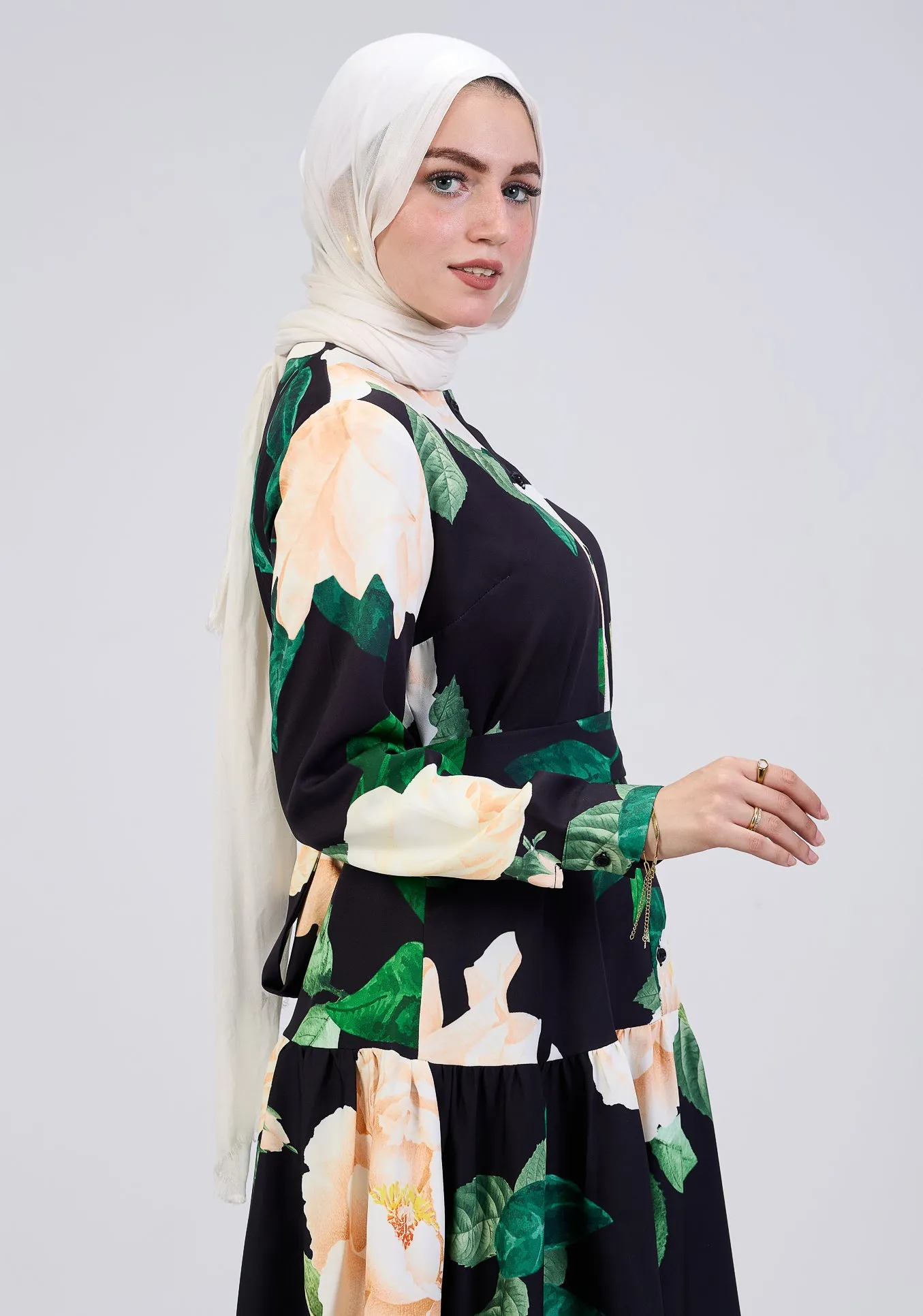 Israa Floral Print Button-Front Maxi Dress in Black