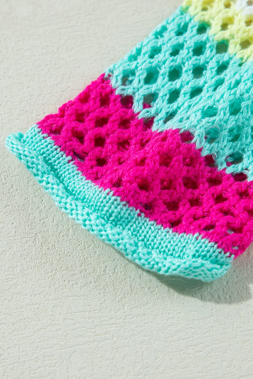KaleaBoutique Colorblock Patchwork Knit Crochet Eyelet Sweater