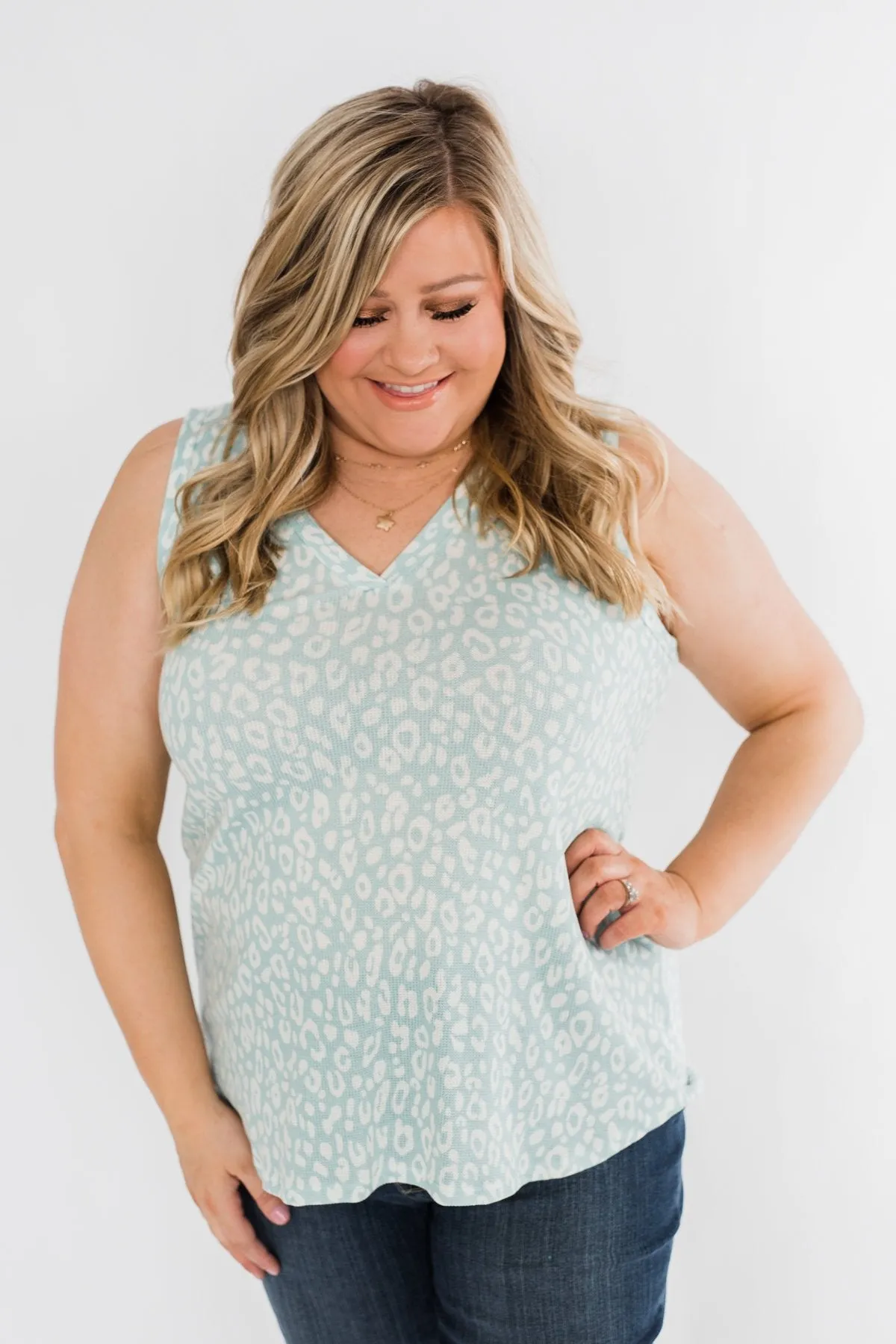 Leopard Knit Tank Top- Mint Blue & Ivory