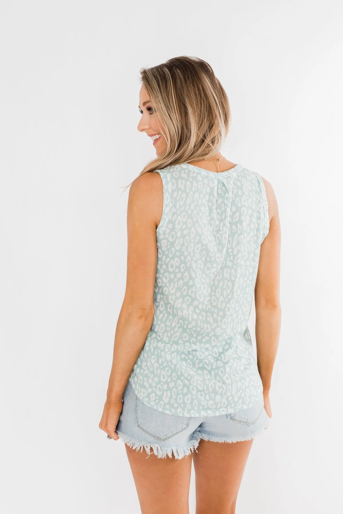 Leopard Knit Tank Top- Mint Blue & Ivory