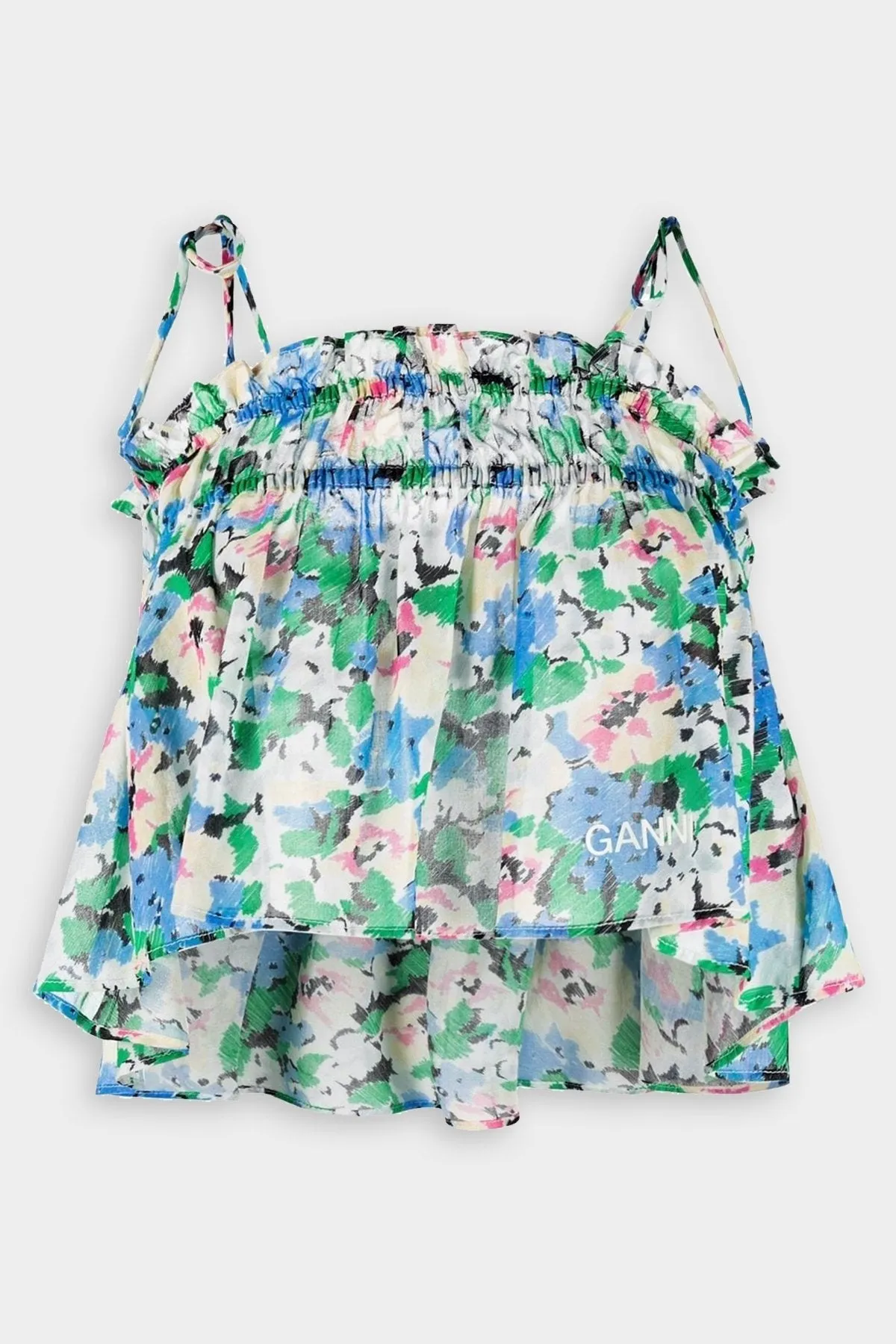 Light Cotton Tieband Strap Top in Floral Azure Blue