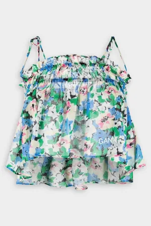 Light Cotton Tieband Strap Top in Floral Azure Blue