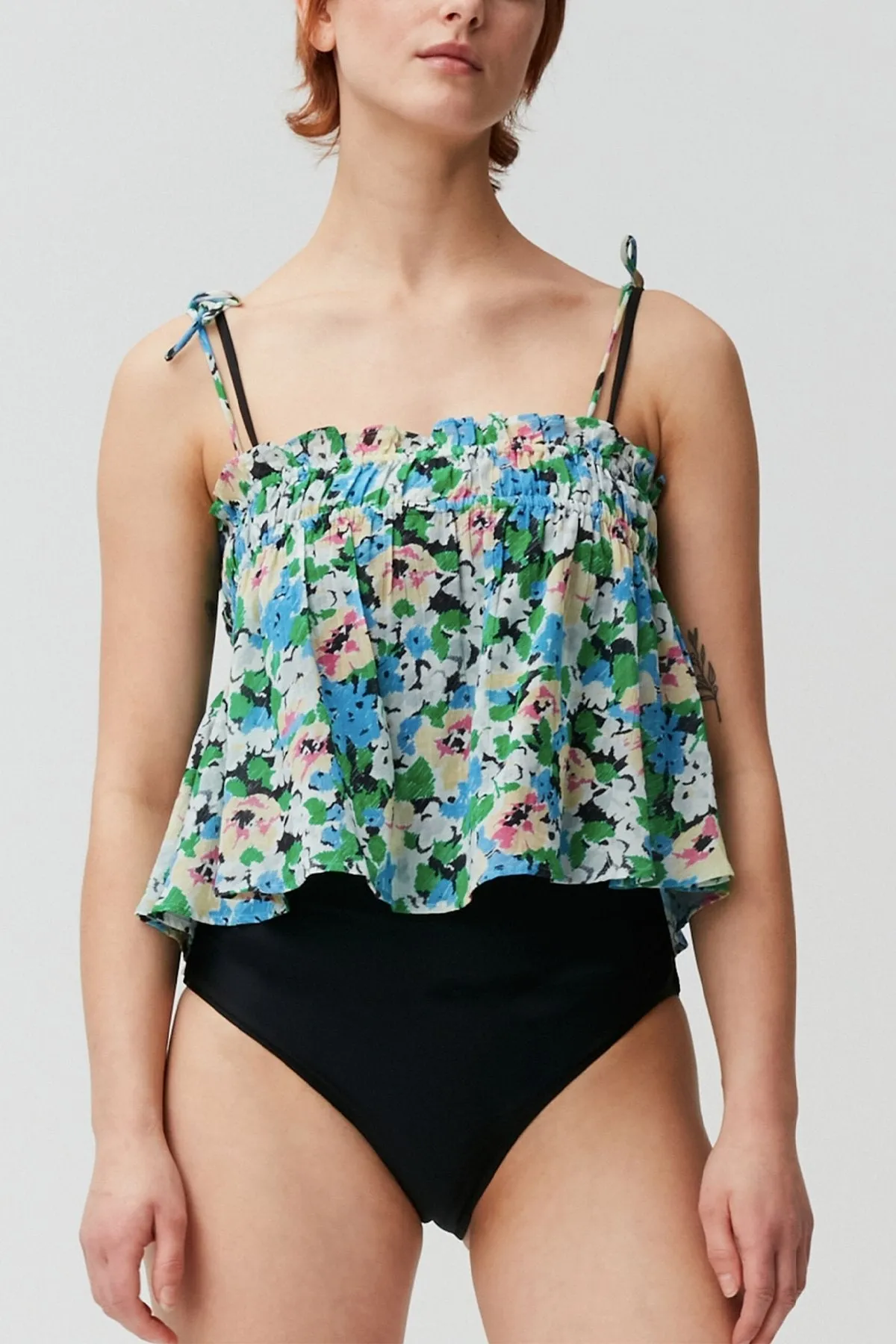 Light Cotton Tieband Strap Top in Floral Azure Blue